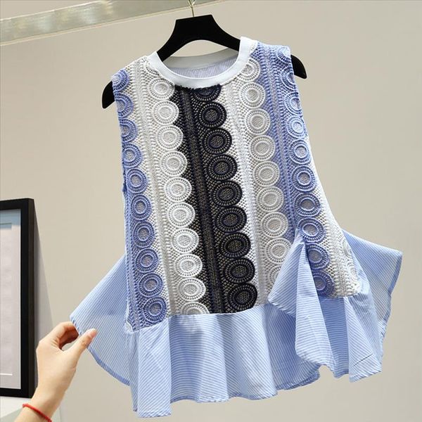 

без рукавов женщины шифсионные рубашки летние корейский 2020 мода лоскутная верхняя вершина леди свободные полосатые пуловер блузки рубашки, White