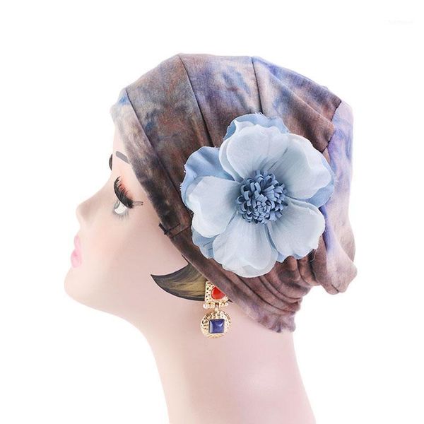 

new vintage flower tie-dyed cotton cap turban women muslim elastic chemo hat comfortable soft scarf cap ladies hair accessories1, Blue;gray