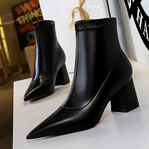 

2020 fashion women pointed toe warm fur sock boots 6.5cm square high heels short boots slip on ankle lady valentine shoes, Black
