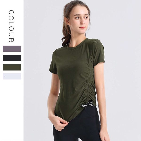 

new short sleeve women's round neck sports running fitness slim drawstring breathable yoga t-shirt, Gray