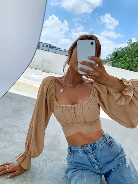 

square neck flounce sleeve tie back crop milkmaid blouse p0ve#, White