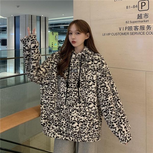 

faux fur hoodie women fashion loose hooded large yards leopard streetwear pullover plush 2020 new fall winter ladies chic, Black