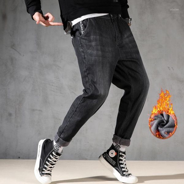 

men's jeans winter plus velvet size men's stretch loose thick harem pants keep warm tide ankle-length denim men,8301, Blue