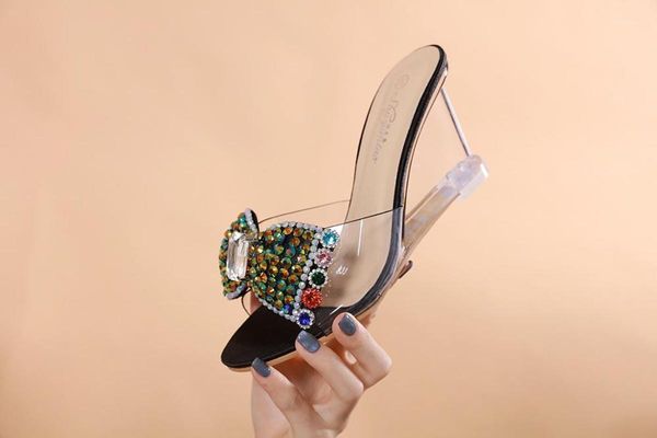 

new wedges women shoes slope heel sandals female summer 2020 new crystal transparent high-heeled shoes water drill slippers1, Black