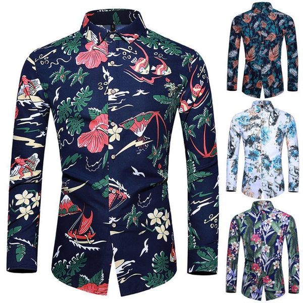 

camisa masculina flores men's fashion hawaiian style leisure printing long-sleeved shirt white blouse 19july15 p301, White;black