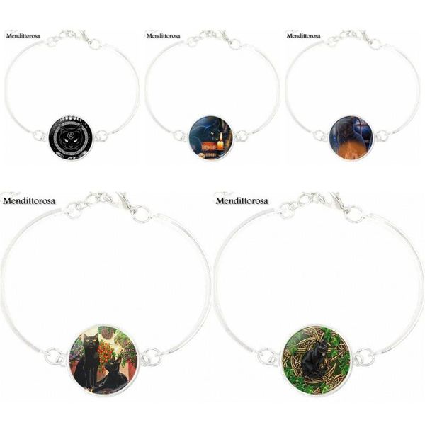 

jewelry with plated glass cabochon bracelet bangle for gift black cat wicca, Golden;silver