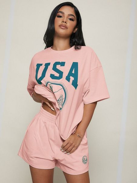 

sxy drop shoulder letter graphic & shorts set k9ln#, White