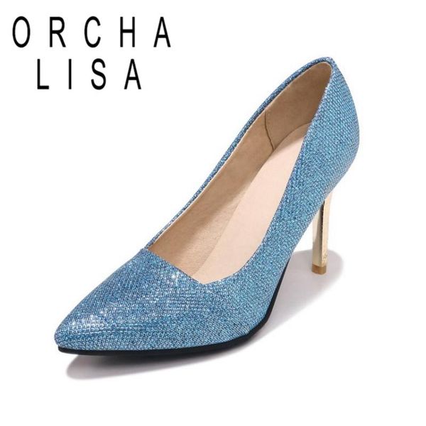 

dress shoes orcha lisa 2021 spring autumn woman bling pumps pointed toe metal 8.5cm thin high heels slip on big size 30-46 leisure c1761, Black