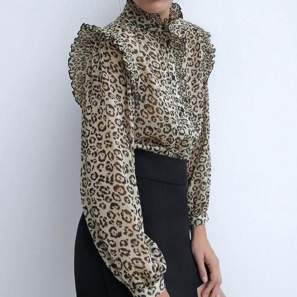 

women's blouses & shirts women leopard chiffon shirt blouse autumn 2021 fashion shiny through long sleeve ruffle, White
