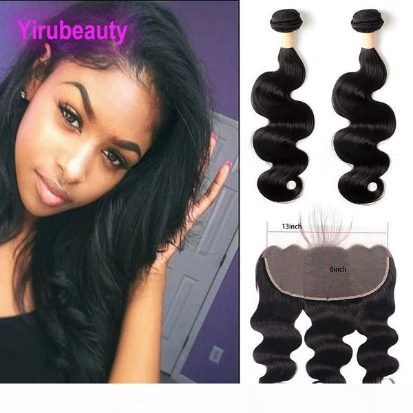 

malaysian unprocessed human hair extensions 2 bundles with 13x6 lace frontal with baby hair 3 pieces lot body wave bundles with 13*6 frontal, Black;brown
