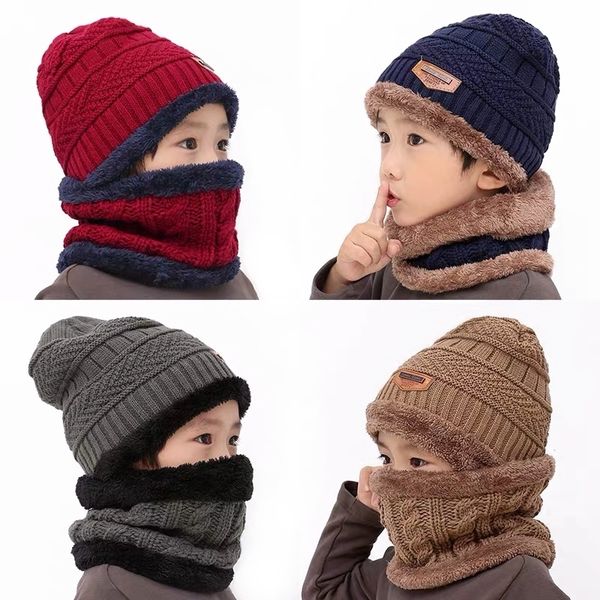 

new winter children knitted hat ring scarf sets kids warm baby plus velvet thick soft cap boys girls fleece lining beanies y201024, Blue;gray