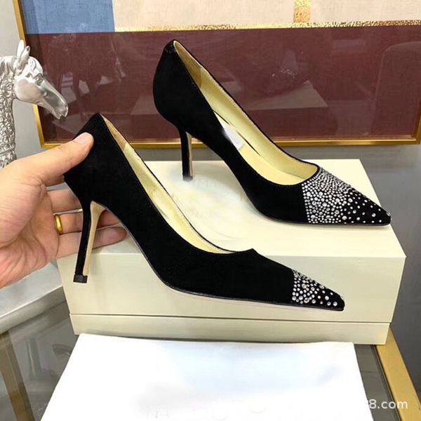 

2021 fashion autumn and winter new water drill high heels sharp belt below shallow mouth single shoes grinding sheepskin fashion women, Black