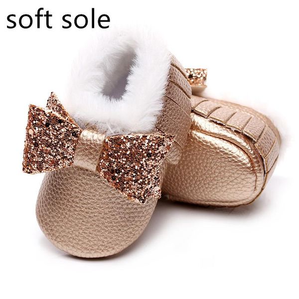 

boots girls shiny bow winter baby shoes plush tassel warm booties boys fur velvet for babies cotton, Black;grey