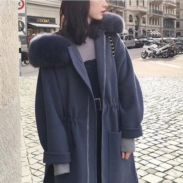 

luck a 2020 winter women solid fur collar long sleeve woolen coats hooded zipper thick warm outerwears ladys pocket streetwear1, Black