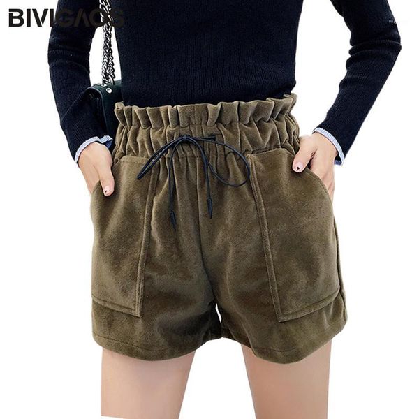 

bivigaos autumn winter women solid color high waist wool-like fabric shorts casual fashion a-line short loose wide leg shorts1, White;black