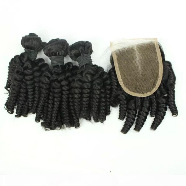 

grade double drawn weft curly virgin hair unprocessed funmi curl hair bundle 3 pcs with closure, Black