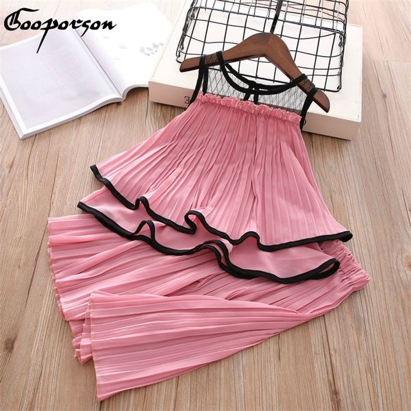 

girls summer clothes set chiffon solid blouse shirt and wide pants fashion baby girl clothing suit kids outfits cute sets t200707, White