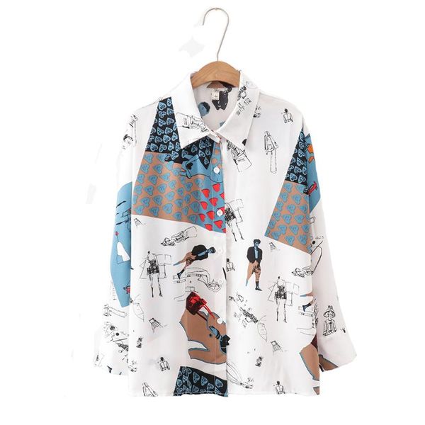 

women's blouses & shirts 2021 summer woman thin loose cartoon print chiffon single-breasted long-sleeves shirt, White