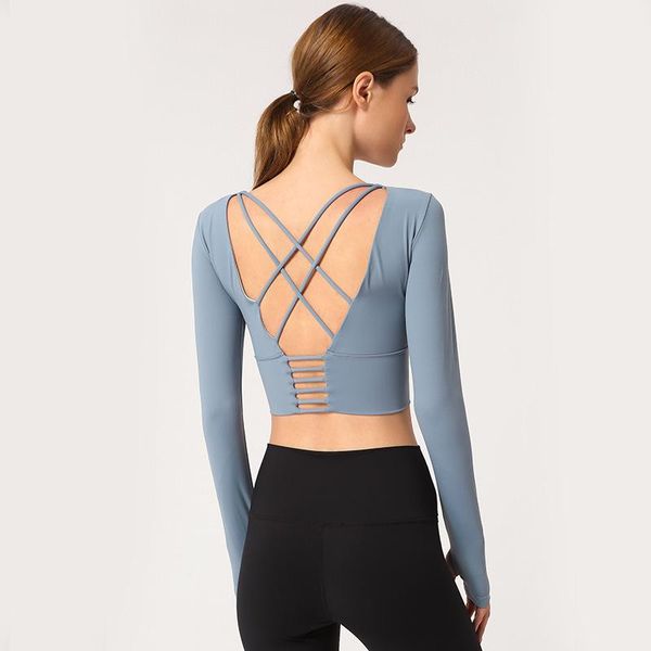 

yoga outfits stretch sports tank women gym workout running crop jogging fitness seamless cross beauty back long sleeve shirt, White;red