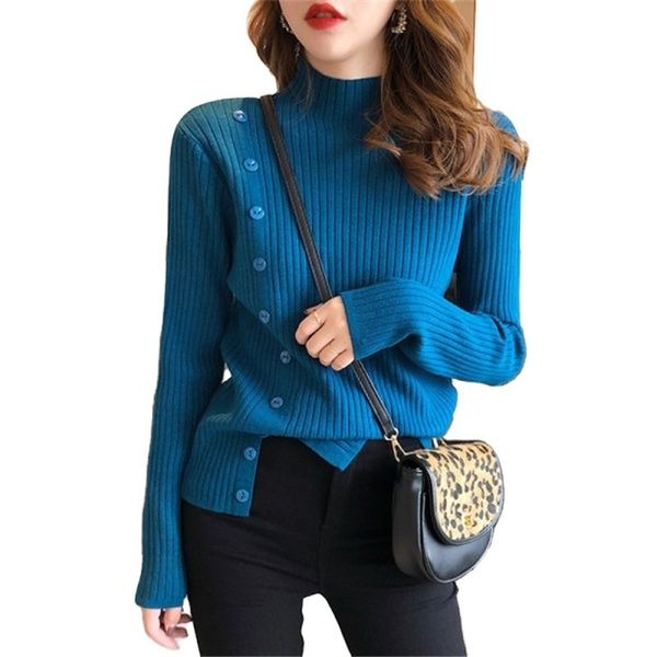 

women spring autumn blue turtleneck split pullovers sweaters casual long sleeve button slim fit sweater jumpers pull femme h1211, White;black