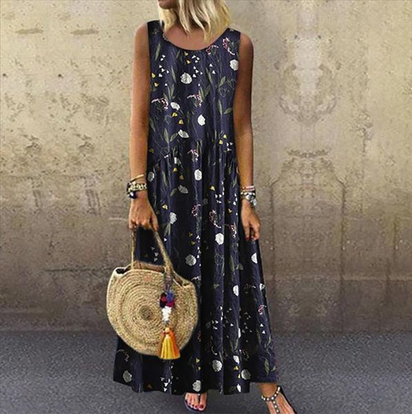 

women plus size summer boho dress o neck floral print vintage sleeveless o neck long maxi dress summer beach dresses 2020 s, Black;gray