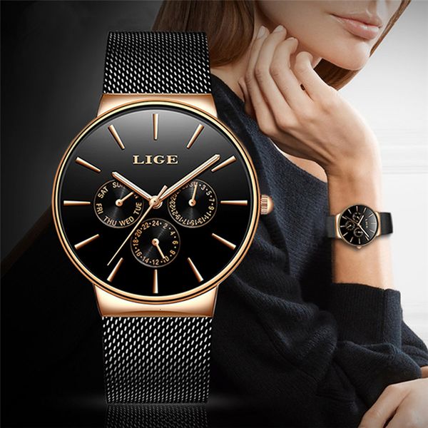 

2020 watches women super slim mesh stainless steel lige brand luxury casual quartz clock ladies wristwatch relogio feminino, Slivery;brown