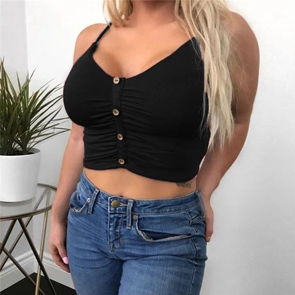 

2020 fashion women solid crop summer camis women casual tank vest sleeveless button v neck crop blusas1, White