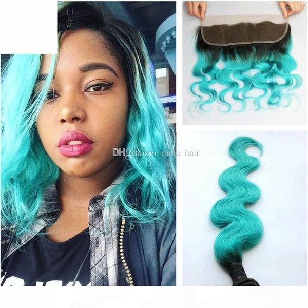 

two tone 1b green dark root ombre body wave hair extensions with frontals brazilian turquoise hair weave 3 bundles with lace frontal closure, Black;brown