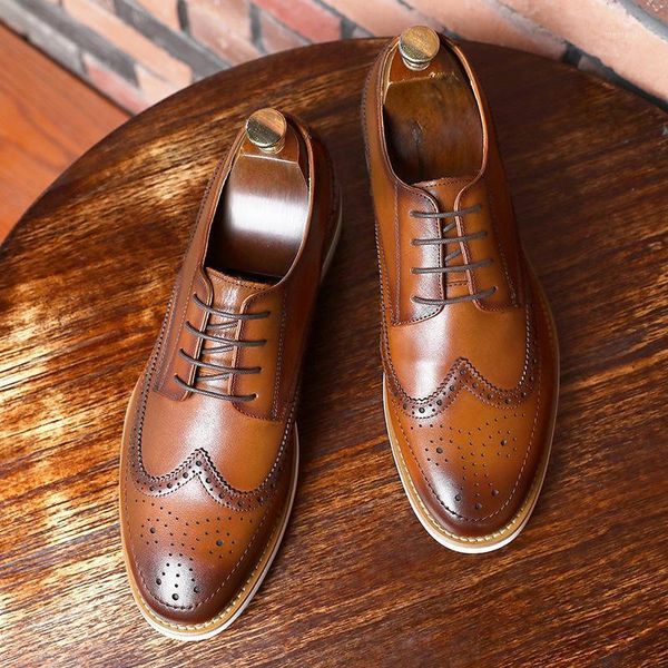 

men's first layer leather men's shoes lace up gentleman's shoes brock formal casual leather rubber soles1, Black