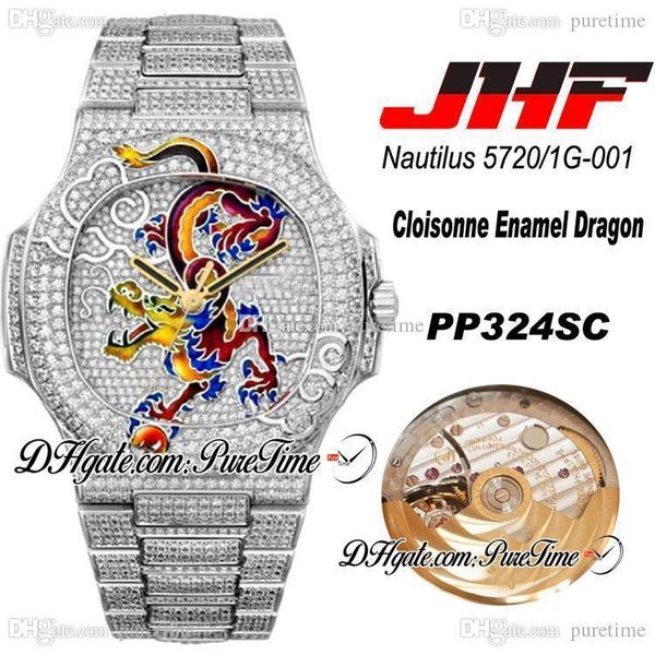 

jhf 5720/1g-001 full diamond cloisonne enamel dragon dial pp324 automatic mens watch edition full diamond bracelet ptpp puretime ja01, Slivery;brown
