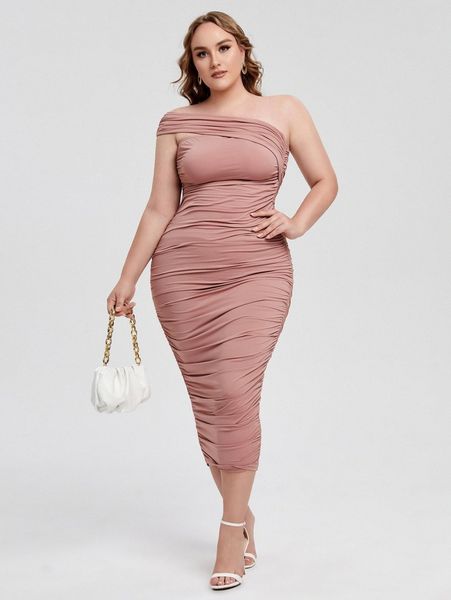 

plus one shoulder ruched bodycon dress w2nm#, Black