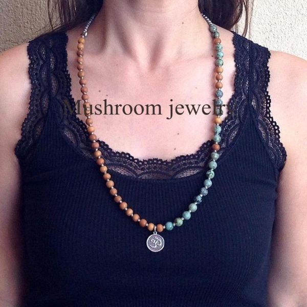 

pendant necklaces healing african turquoises and woodbeads mala yoga necklace, Silver
