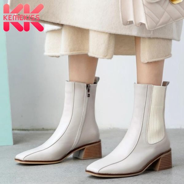 

boots kemekiss genuine leather women ankle zipper ealstic thick heel winter shoes woman warm office lady short boot size 33-40, Black