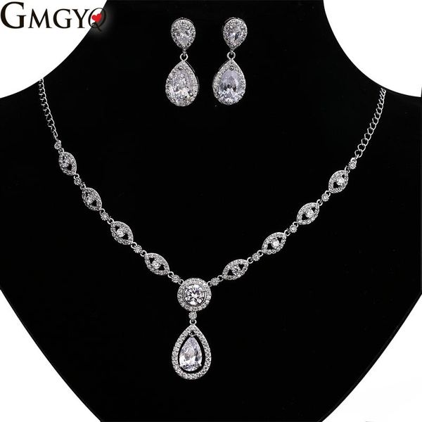 

gmgyq brand sparkling zircon jewelry sets fashion water drop flower set elegant bridal party dress for women, Silver