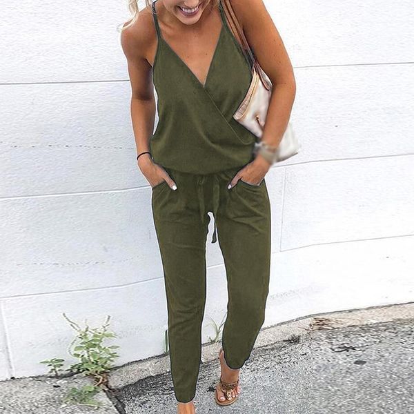 

2020 new arrival fashion jumlsuits women's v-neck sleeveless ladies commute casual loose solid jumpsuit rompers with belt1, Black;white