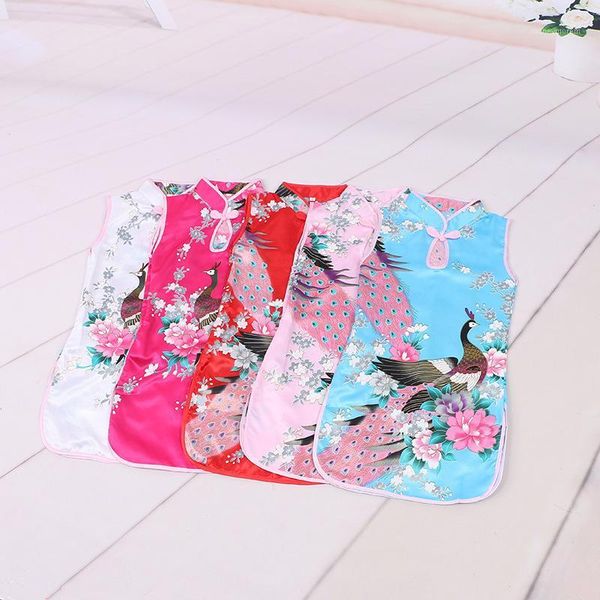 

noriviiq 2018 children ethnic style girls clothing printing spinning silk peacock tang suit cheongsam dress costumes sets1, Red