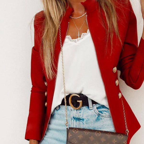 

women zipper front stand collar jacket long sleeve women office ladies solid color fashion casual work jacket, Black;brown