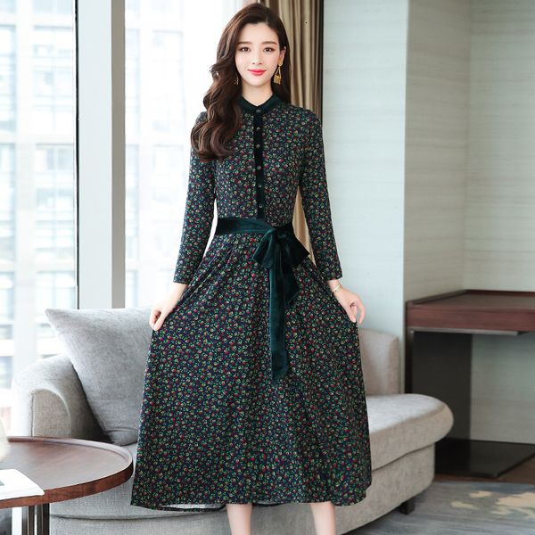 

2021 new elegant female autumn as floral casual with long sleeve printed dress retro to multicolored line lace dressed h00112, Black;gray