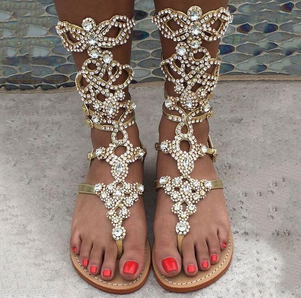 

crystal strass women's clipped clip-toe tanga flat sandals summer off boots gladiator shoes, Black