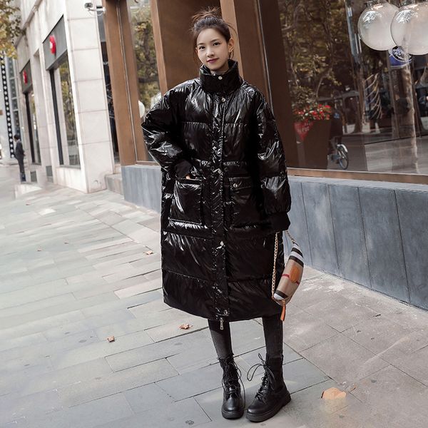 

2021 new women's coat winter new white duck down korean tissue loose shiny face dwaterproof water large long pocket parker sfmk, Black