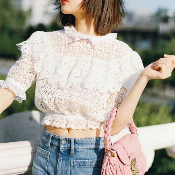 

retro slim lady lace blouse ruffles timr collar embroideried hollow female fashion white shirt and top