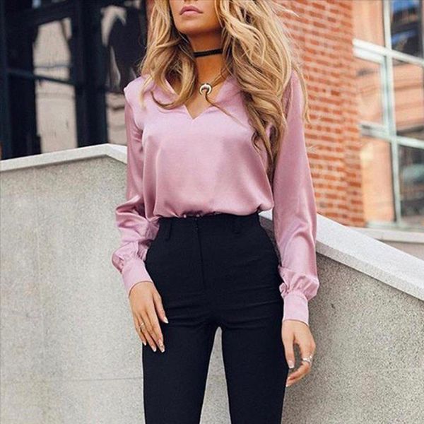 

2021 fashion pink red satin silk blouse women ladies casual long sleeve vintage v neck street silk satin blouses shirts, White