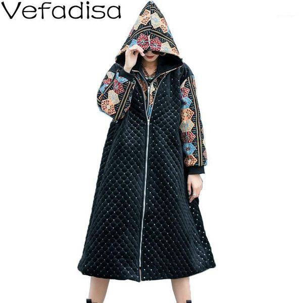 

vefadisa vintage thick velvet parka women 2020 autumn winter patchwork hooded parka plus size stitching color long qyf42891, Black