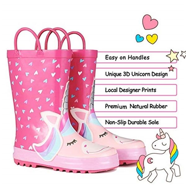 Komforme crianças chuva botas menina rosa coração unicórnio botas à prova d 'água tênis sapatos de água sapatos de borracha crianças botas meninas lj200911