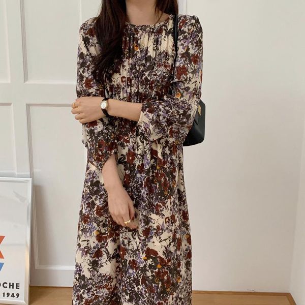

casual dresses alien kitty 2021 retro elegant women o-neck floral printing chiffon loose long sleeve spring mid-calf vestidos, Black;gray
