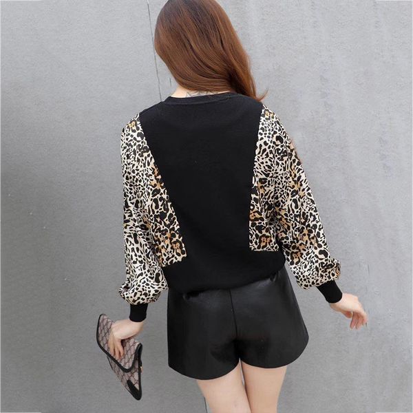 

brand design casual pullover sweater spring women lace stitching knit sweater elegant leopard print black knitting 201203, White;black