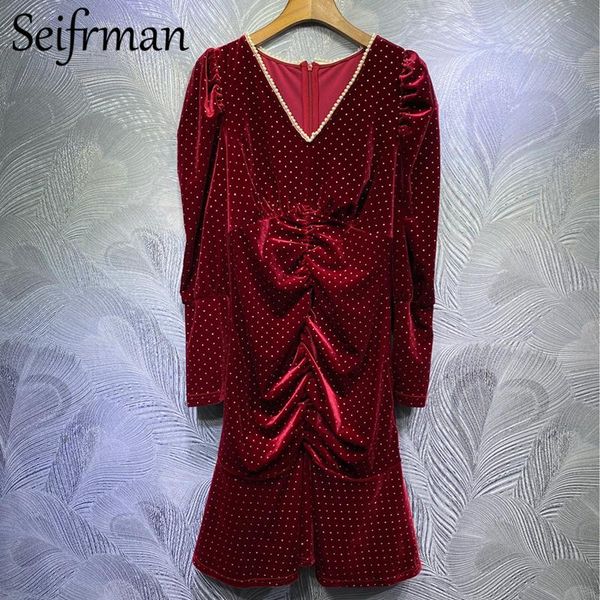 

seifrmann осень женские мода дизайнер вечеринка midi платье бисером фонарика рукав высокая талия dot print дамы русалки платья 2020, Black;gray