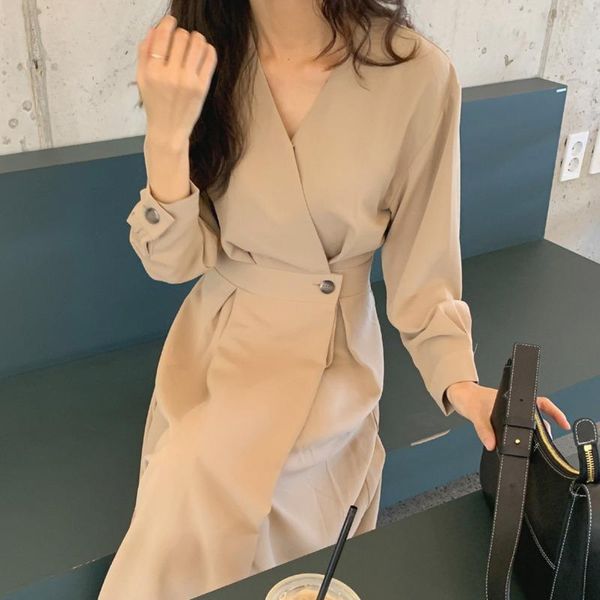 

ewq] 2020 autumn female new loose casual v-neck single button solid color long sleeve minimalist a-line pleated dress 8q048, Black;gray