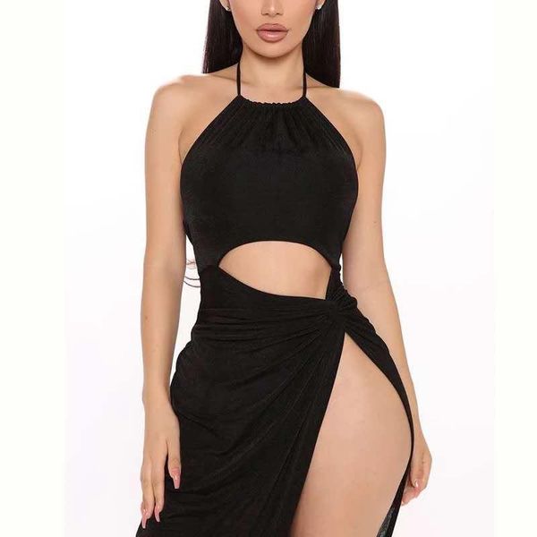 

black maxi dress women halter spaghetti straps backless long dress summer side high split party club wear dresses, Black;gray