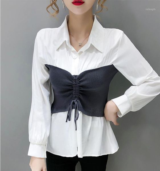 

spring fall korean style fake two pieces blouse chic color blocking patchwork drape women shirt, White